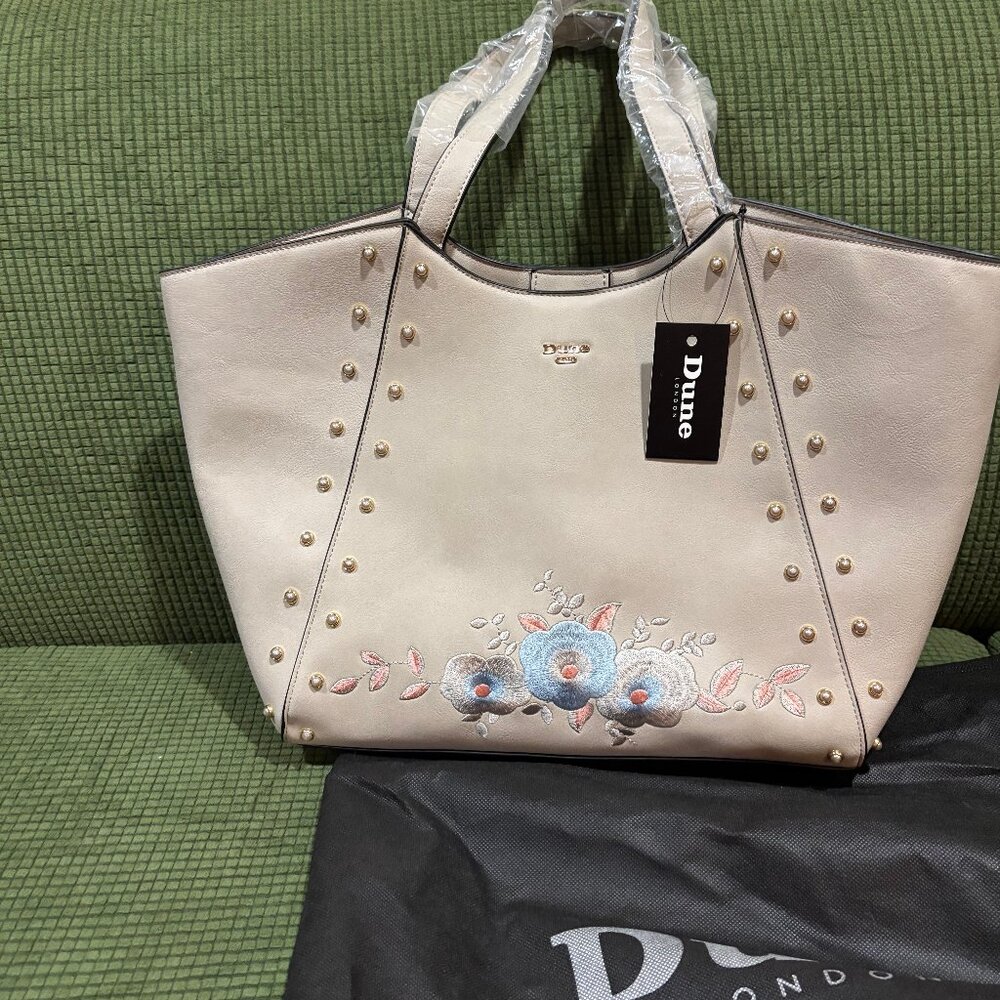 Dune London Grey with Embroidered Flower Tote Bag NWT